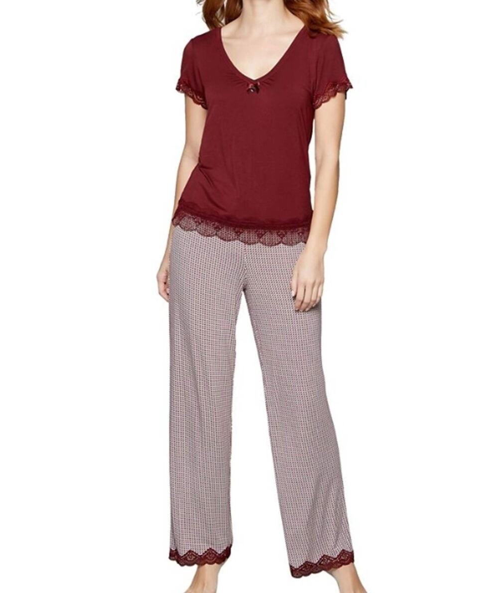 Jasper Conran Sz 8 Wine Red Pajama Top & Bottom Set Lace Trim Holiday Luxury PJs